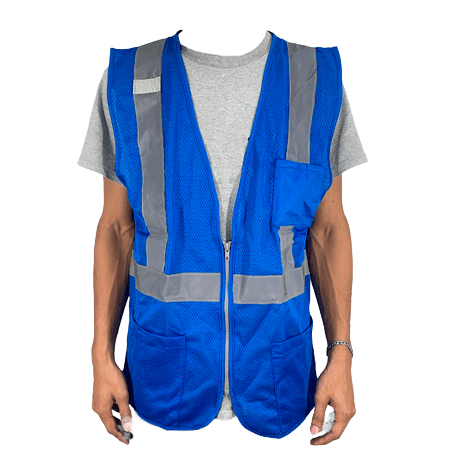 Chaleco ERB azul con cinta reflectiva y zipper frontal