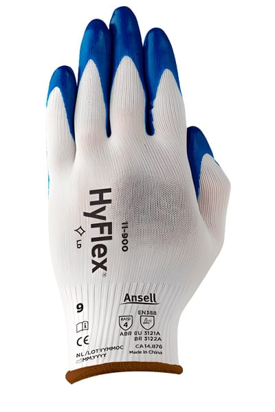 Guante Ansell Hyflex nitrilo touch azul en uso industrial